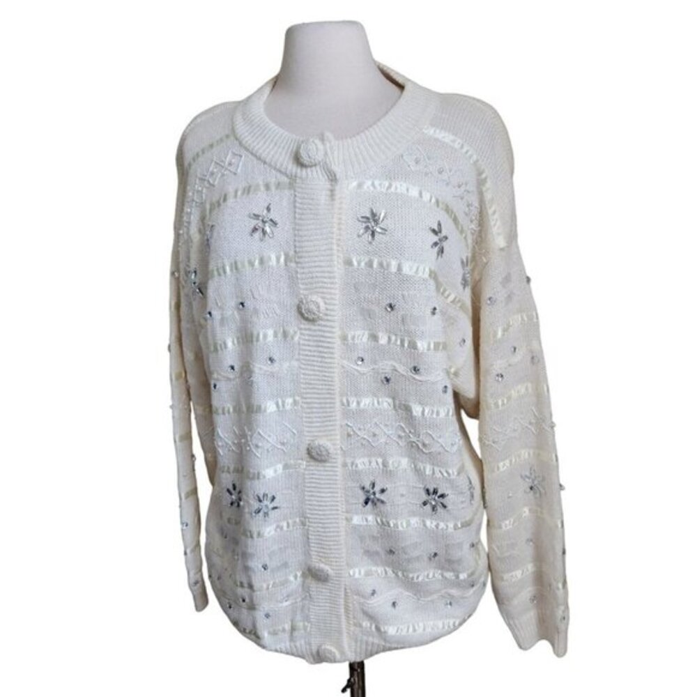 Vtg 80s Accessory Lady Sweater Cardigan Size Large Ribbon Cottagecore Boho